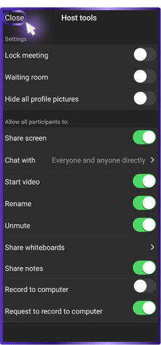 Step 06: Tap Close to return to the meeting. | how to share a screen on zoom