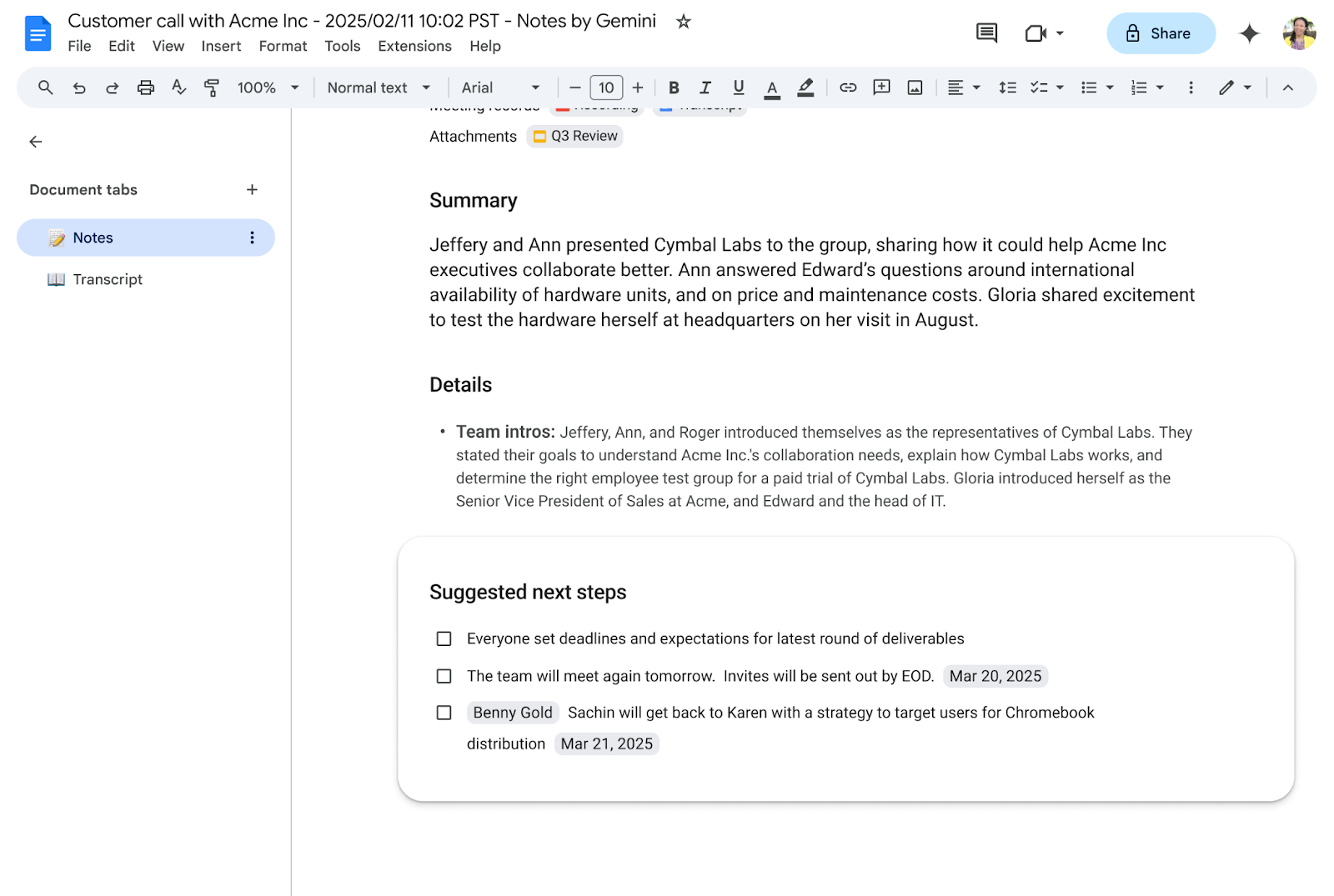 "Suggested Next Steps" Section | take notes for me google review