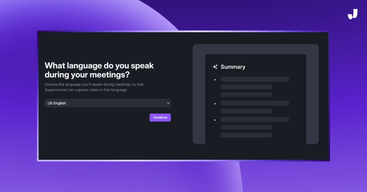 Supernormal AI Notetaker language selection screen, offering support for over 68 languages to capture meeting notes in various languages.