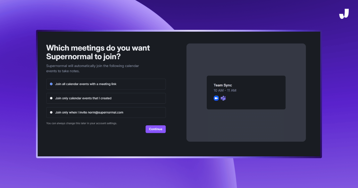 Supernormal AI Notetaker meeting options screen, allowing users to select which meetings the tool should join for automatic note-taking.