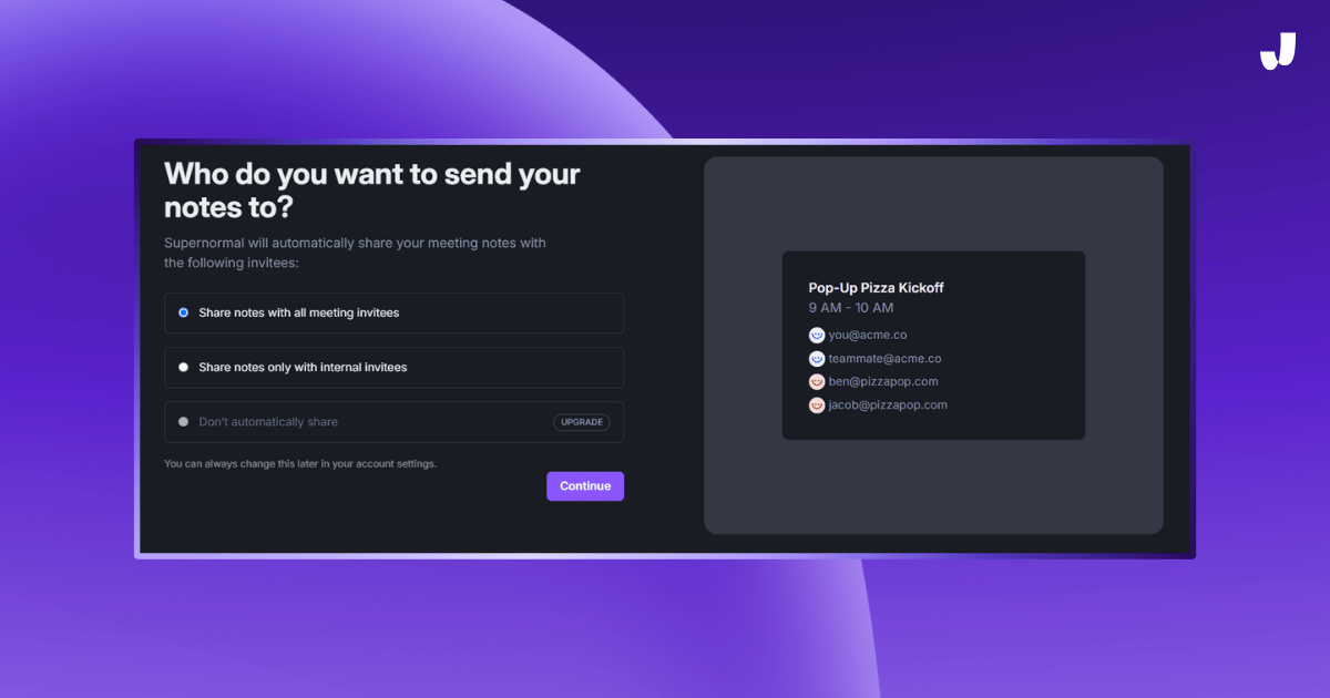 Supernormal AI Notetaker sharing options screen, allowing users to choose how to share meeting notes with internal or external invitees