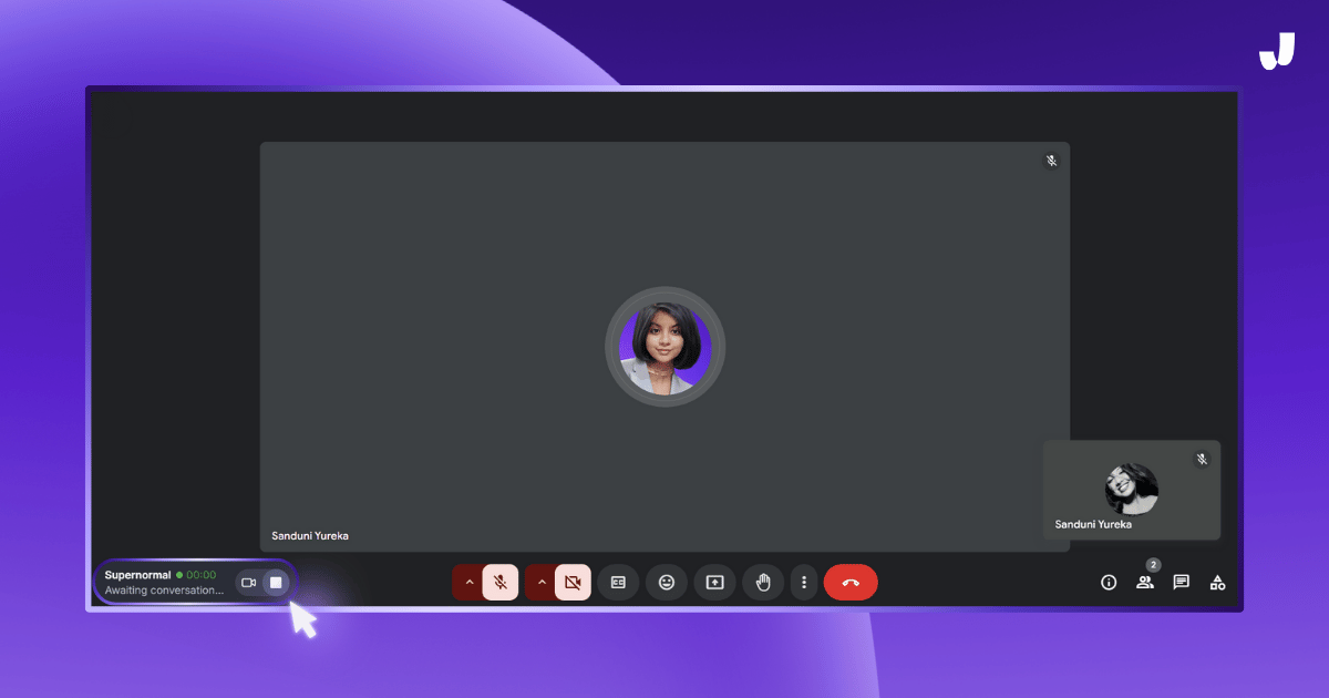 Supernormal AI Notetaker showing 'Awaiting conversation' during a virtual meeting.