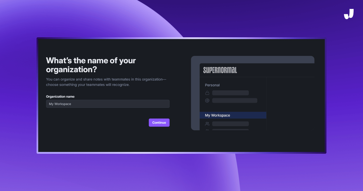 Supernormal AI Notetaker workspace creation screen, allowing users to set up a workspace and organize meeting notes for team collaboration.