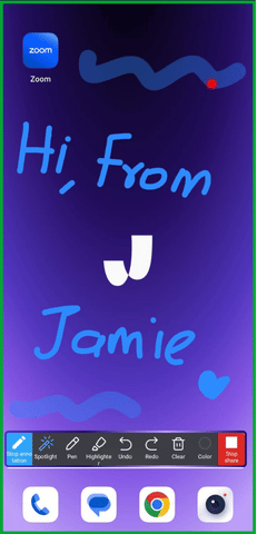 The image displays a smartphone screen during a Zoom meeting with annotations made on the shared screen. The annotations include the text "Hi, From Jamie" and some doodles. Below, the annotation toolbar is visible, offering tools like pens, highlighters, undo, redo, clear, and color options, helping users interact creatively or informatively over their shared content.