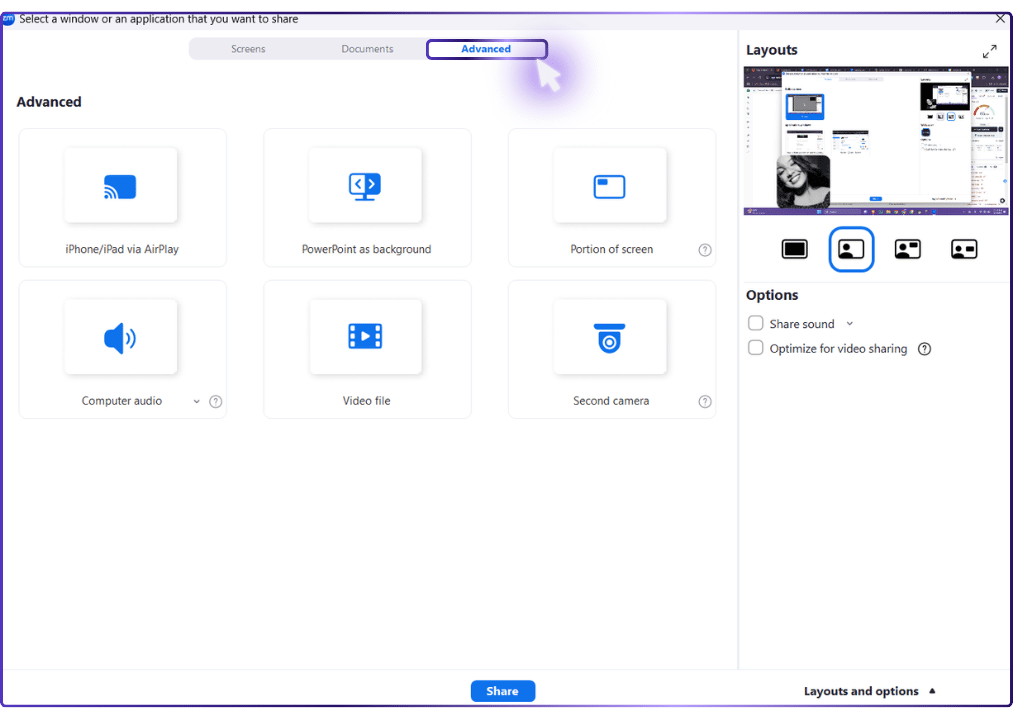 The image displays the Zoom interface for selecting advanced sharing options, with the "Advanced" tab actively selected as indicated by a purple arrow pointing at it. The options available for sharing include "iPhone/iPad via AirPlay", "PowerPoint as background", "Computer audio", "Video file", "Portion of screen", and "Second camera". On the right side of the screen, layout options and settings for sharing sound and optimizing for video sharing are shown.