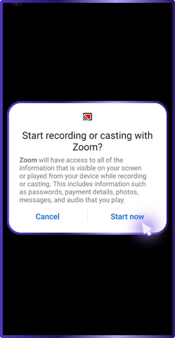 The image displays the Zoom mobile app's sharing menu with the "Screen" option selected, indicated by a purple arrow. This option allows the user to share their entire screen during a Zoom meeting.