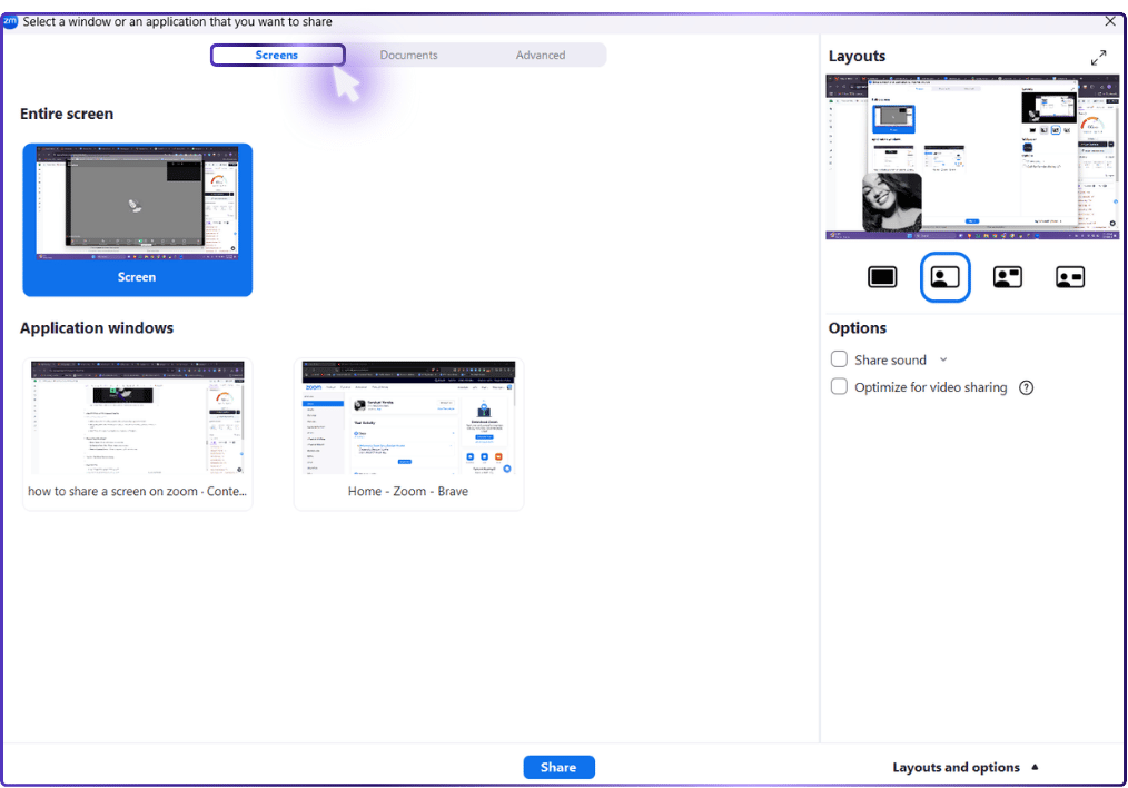 The image displays the Zoom screen sharing selection interface, highlighting the "Screens" tab, which is selected and indicated by a purple arrow pointing at it. Options below include sharing the "Entire screen" or "Application windows", with previews shown for both. On the right, there are layout options and settings to share sound or optimize for video sharing.