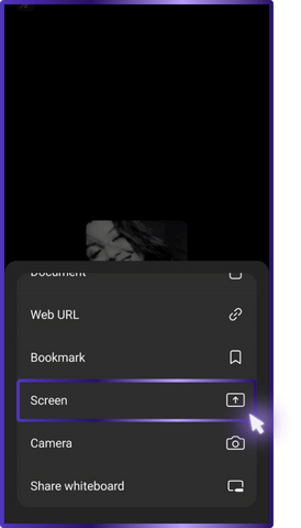 The image displays the screen sharing options in the Zoom mobile app, highlighting the "Screen" option for sharing the device's screen during a meeting. A purple arrow points towards the icon next to the "Screen" label, indicating where to tap to start the screen sharing process.
