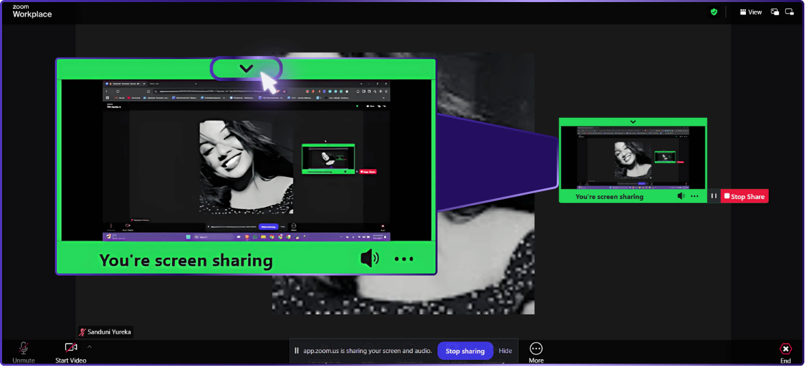 The image illustrates a live screen sharing session on Zoom, where the shared content and the Zoom interface are visible. A notification at the top of the window states "You're screen sharing," highlighted with a green check mark. A dropdown arrow next to this text suggests options for viewing or managing the shared screen. The screenshot shows a recursive view of the screen share in progress, which is a common visual effect when sharing a screen displaying its own live session. Controls at the bottom include options to "Stop sharing" and a menu for additional actions. The user interface is displayed in a dark theme, enhancing visibility for the options and notifications.