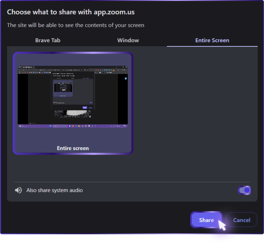The image illustrates the Zoom screen sharing interface via a web browser, displaying options for sharing the "Brave Tab", "Window", or the entire screen under the "Entire Screen" selection, which is highlighted by a purple outline. The toggle for "Also share system audio" is visible at the bottom left, allowing for the inclusion of system sounds in the sharing session. The "Share" button is highlighted and pointed to by a purple arrow, indicating readiness to proceed with sharing, with a "Cancel" button also available for aborting the action.
