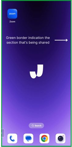 The image shows a smartphone screen during a Zoom meeting with a green border around the screen, indicating that the screen is being shared. This visual cue helps users confirm that their screen is visible to other meeting participants.