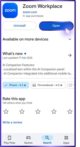 The image shows the Google Play Store listing for the Zoom Workplace app on an Android device, highlighting the "Open" button, indicating the app is installed and ready to launch.