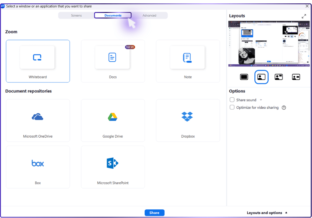 The image shows the Zoom interface for selecting documents to share, with the "Documents" tab actively selected as indicated by a purple arrow pointing at it. Below are options to share content from Zoom itself, like "Whiteboard" and "Docs", or "Note", and from document repositories including "Microsoft OneDrive", "Google Drive", "Dropbox", and "Microsoft SharePoint". On the right, layout options and settings are available, including options to share sound and optimize for video sharing.
