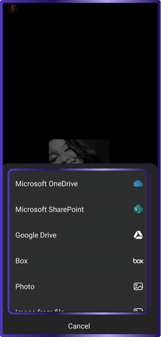 The image shows the content sharing options in the Zoom mobile app, displaying a list that includes Microsoft OneDrive, Microsoft SharePoint, Google Drive, Box, and Photos, enabling users to share files directly from these sources during a Zoom meeting.