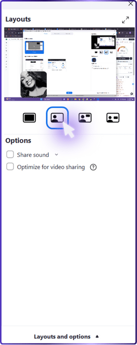 The image shows the layout and options section of the Zoom screen sharing interface. A purple arrow points to the layout option that presents one main window with a smaller sidebar, indicating it's selected. Below are checkboxes for "Share sound" and "Optimize for video sharing", neither of which are currently checked. This interface allows the user to customize how they share their screen during a Zoom call.