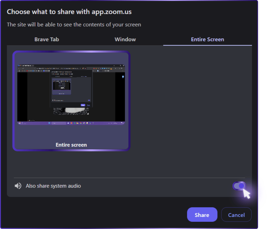 The image shows the screen sharing selection interface for Zoom via a web browser, with options for sharing a "Brave Tab", "Window", or the "Entire Screen". The "Entire Screen" option is currently highlighted, surrounded by a purple outline. At the bottom left, there's a toggle for "Also share system audio," indicating that users can choose to share audio along with their screen. This feature is particularly useful when sharing videos or audio-rich content. A purple arrow is pointing towards the "Share" button, suggesting that the user is about to initiate the screen sharing.