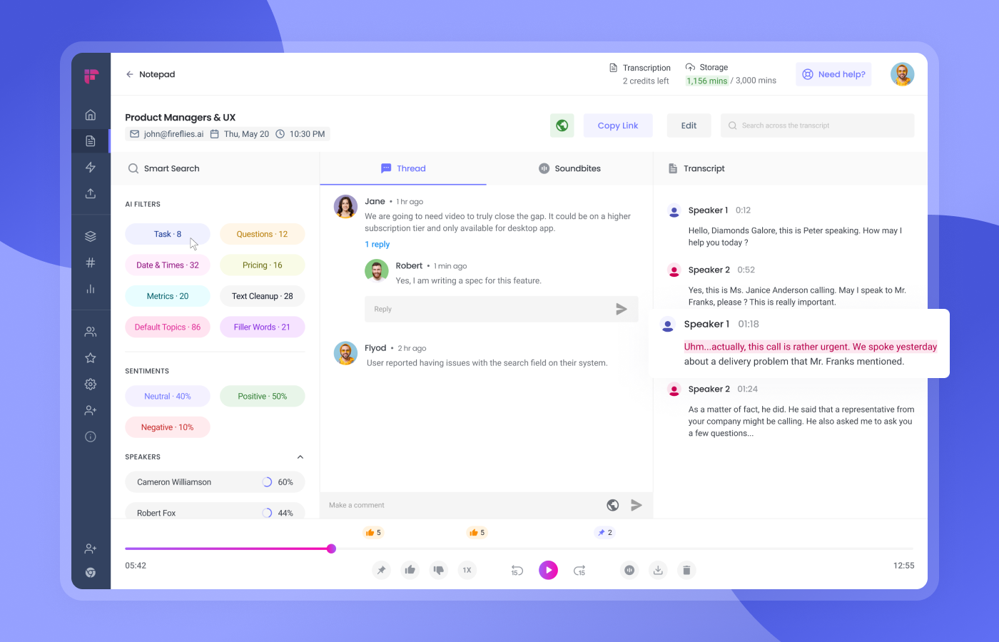 This is an image of Fireflies application showing how to transcribe a team's meetings