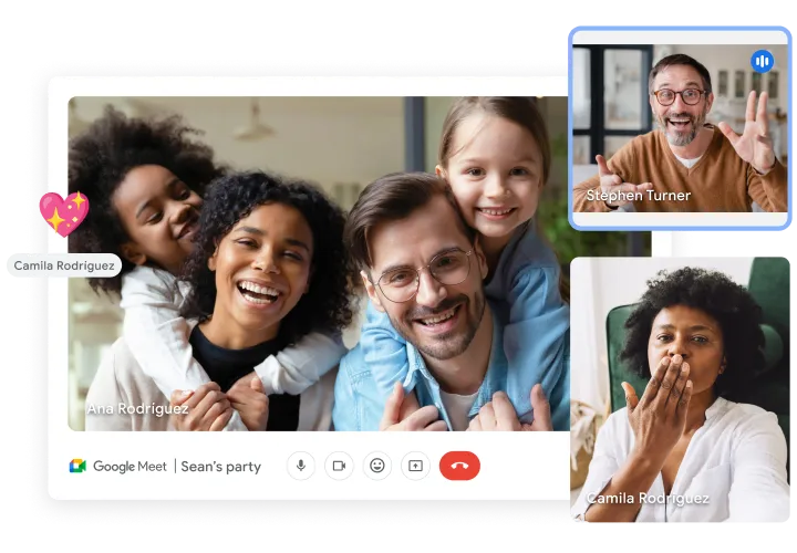 Three windows of a Google Meet video call show participants for a virtual party. 