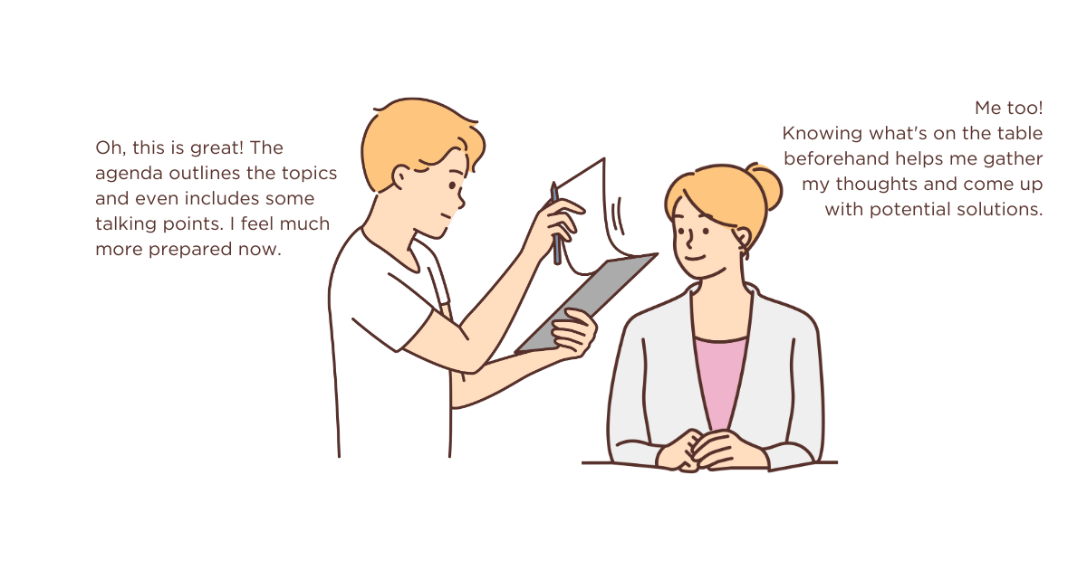Two employees at a conference table. One reads an agenda with a satisfied look while the other smiles confidently. Text suggests they feel prepared for the meeting because they received the agenda beforehand