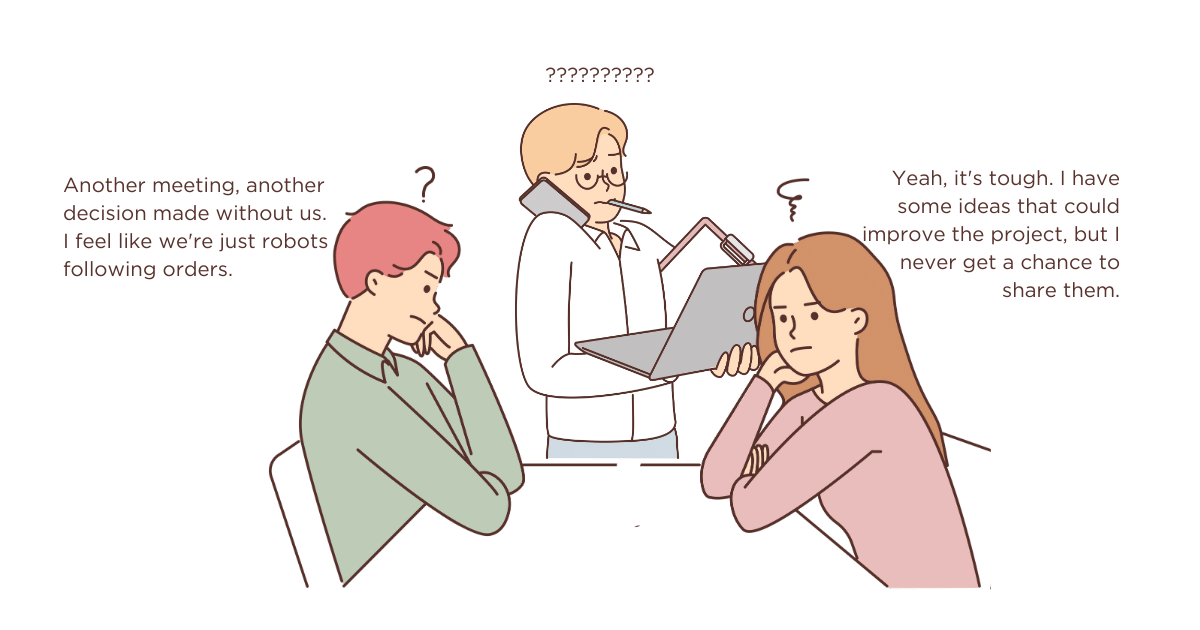 Two employees at a conference table. Text suggests they feel their ideas aren't valued during meetings. - staff meeting agenda