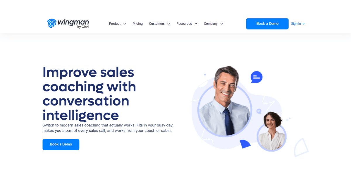 Wingman by Clari homepage promoting sales coaching with conversation intelligence.