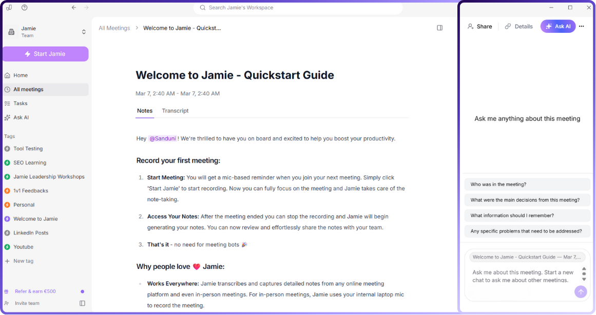 You can also chat within a meeting to extract details and prep follow-ups; chats can be resumed from the main Ask AI page. | bot free notetakers for google meet