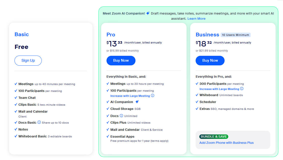 Zoom AI Companion Pricing Chart