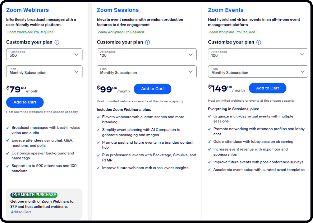 Zoom Events & Webinars Pricing