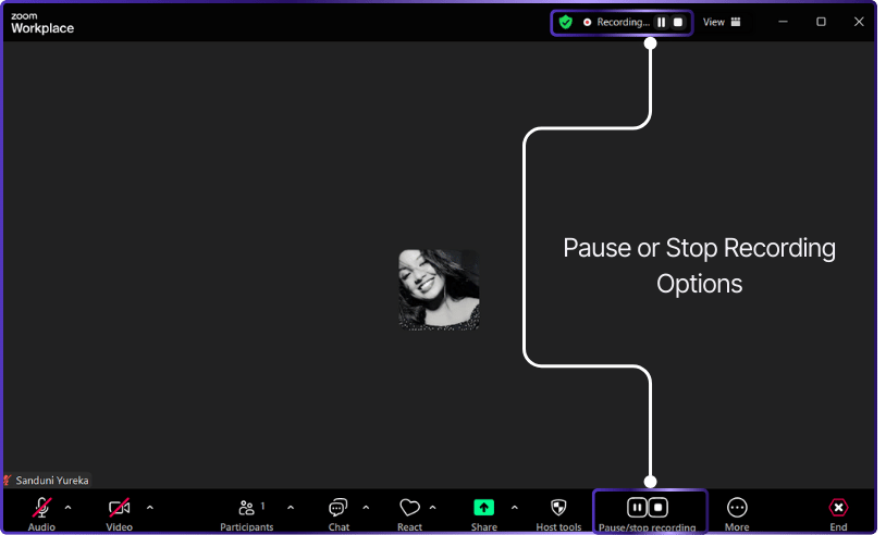 Zoom meeting interface showing the recording indicator and options to pause or stop recording, with a participant named "Sanduni Yureka" visible.
