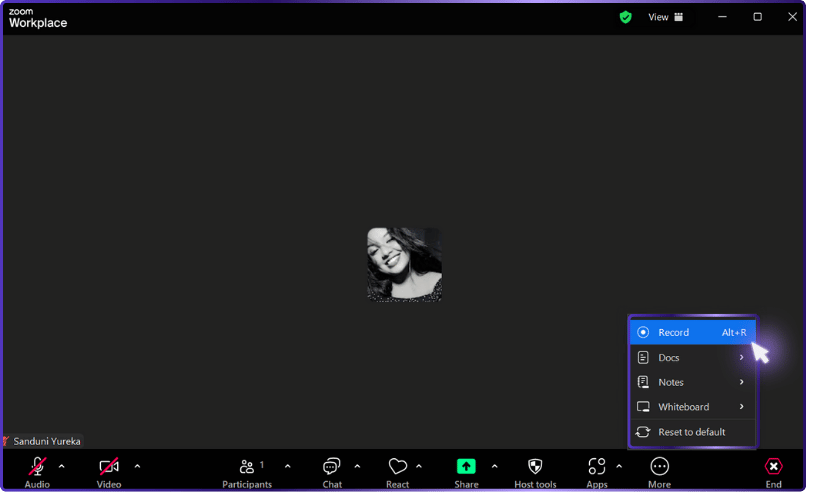 Zoom meeting screen with a participant named "Sanduni Yureka," highlighting the record option on the toolbar.