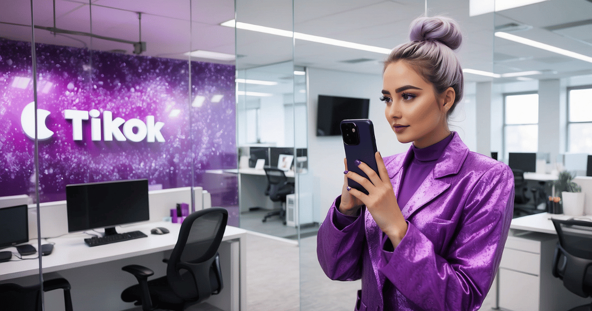 a beautiful employee wearing a professional purple outfit watching tiktok on her phone , an ice storm themed office behind her