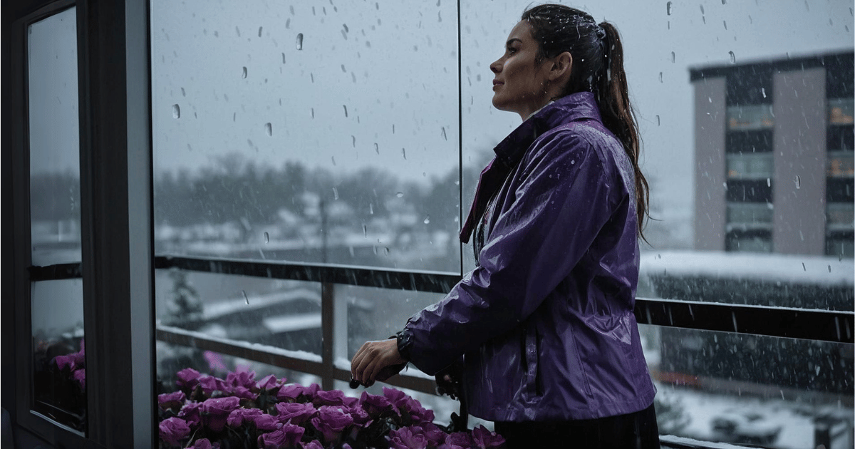 a beautiful employee wearing an office suite, watching rain pouring, and the gloomy atmosphere making her happy,