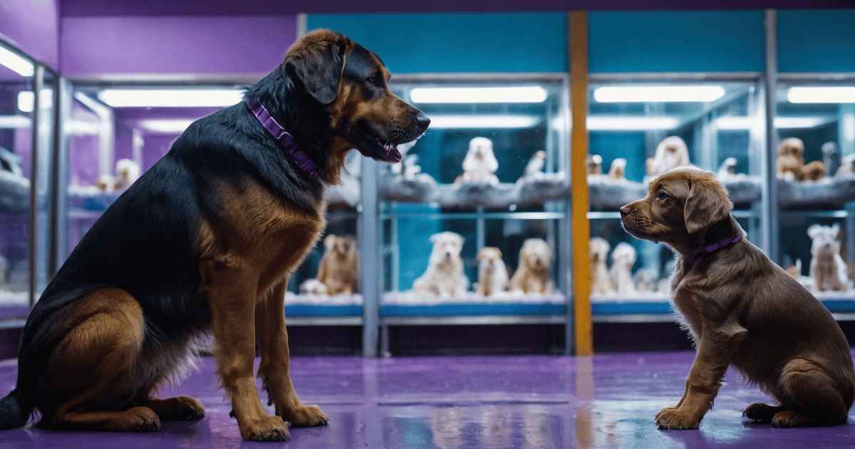 a big dog and a small puppy looks at each other in a purple ice themed petshop