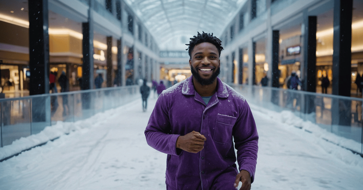 a cute smiling black american employee wearing a purple pajama walking inside ice snow storm themed mall