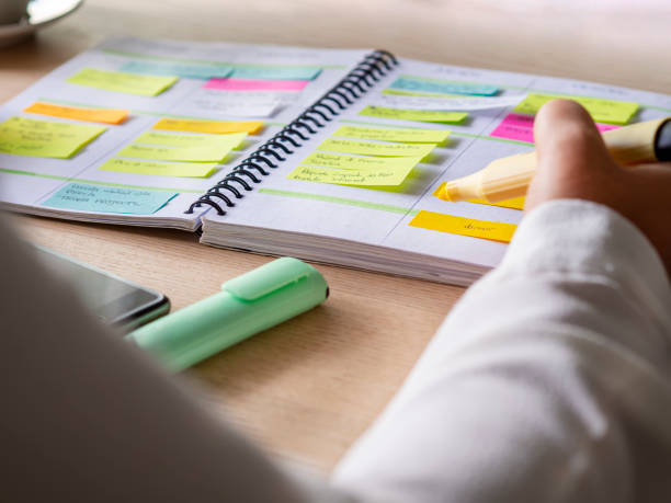 agenda organize with color-coding sticky for time management - task stockfoto's en -beelden