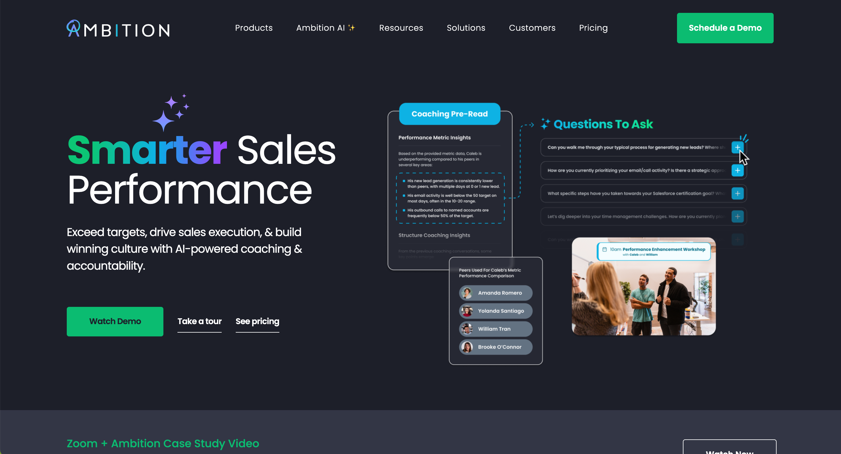 ambition , landing page of one of the sales coaching software