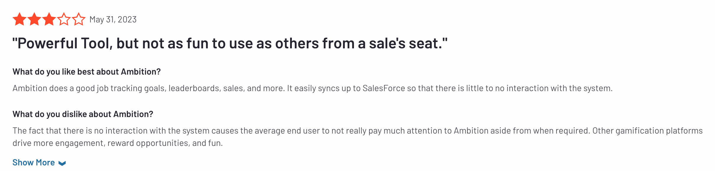 ambition user review on g2 of sales coaching software