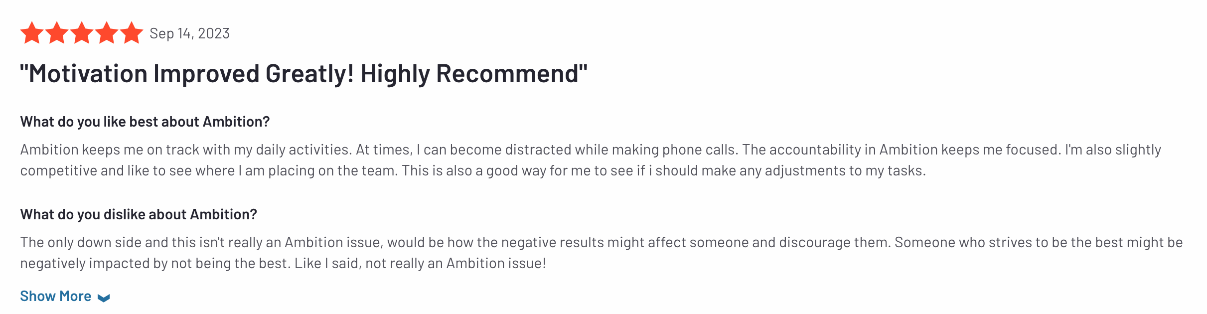 ambition, user review on g2 of sales coaching software