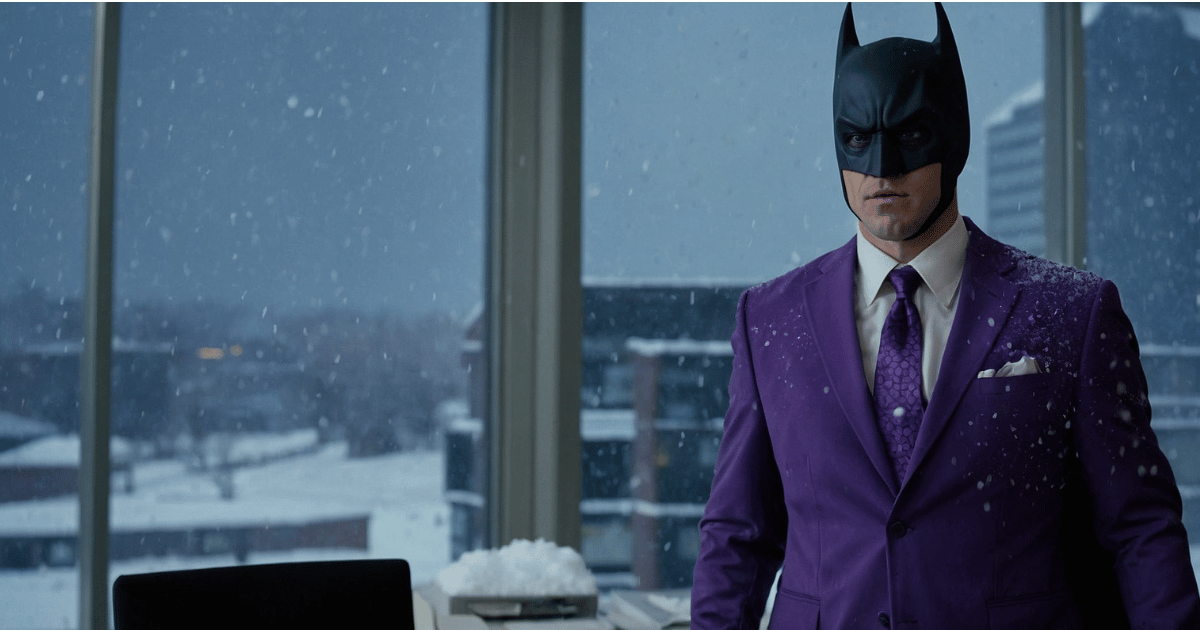 an employee dressed in purple office suit, dressed as batman, purple office setting behind