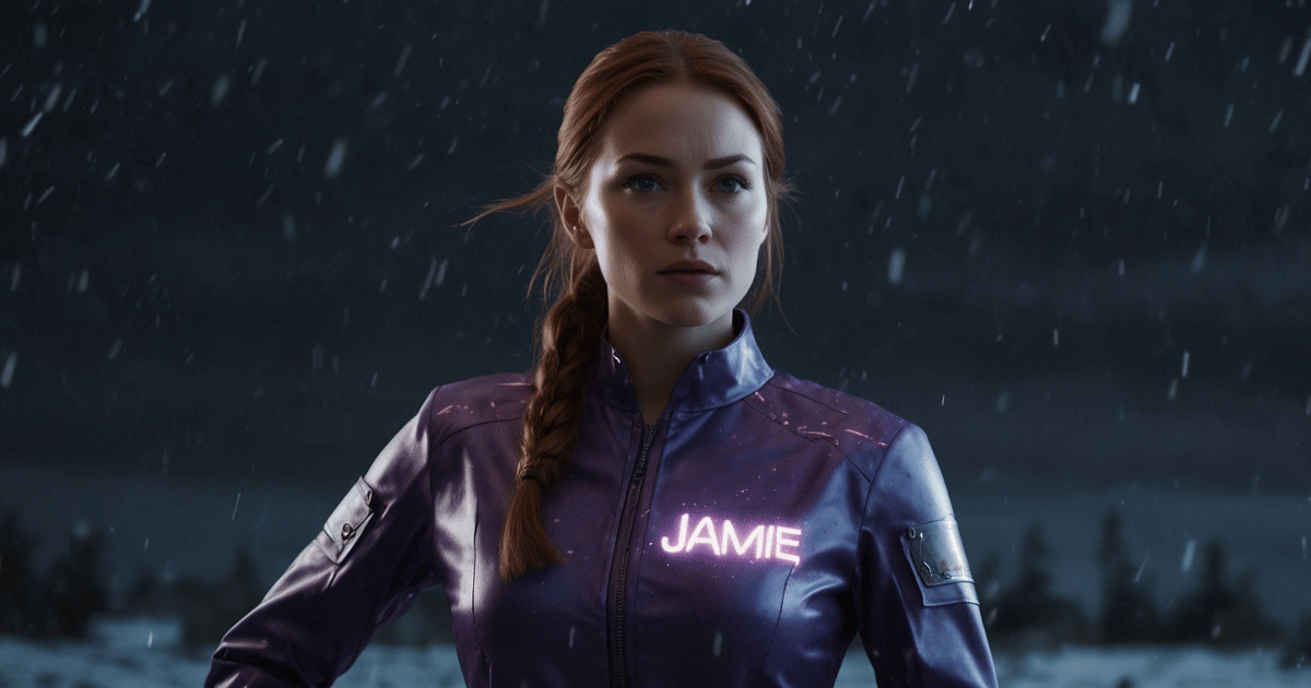 an employee wearing a professional purple outfit, using her super power, glowing her hands