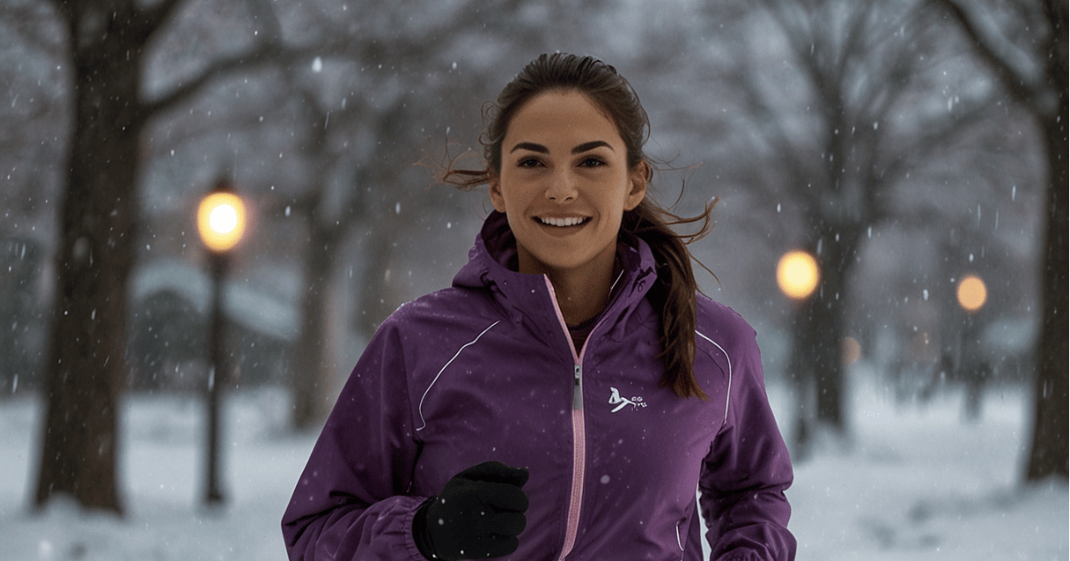 an employee wearing purple running outfit, jogging during a snow storm, beautiful lit park