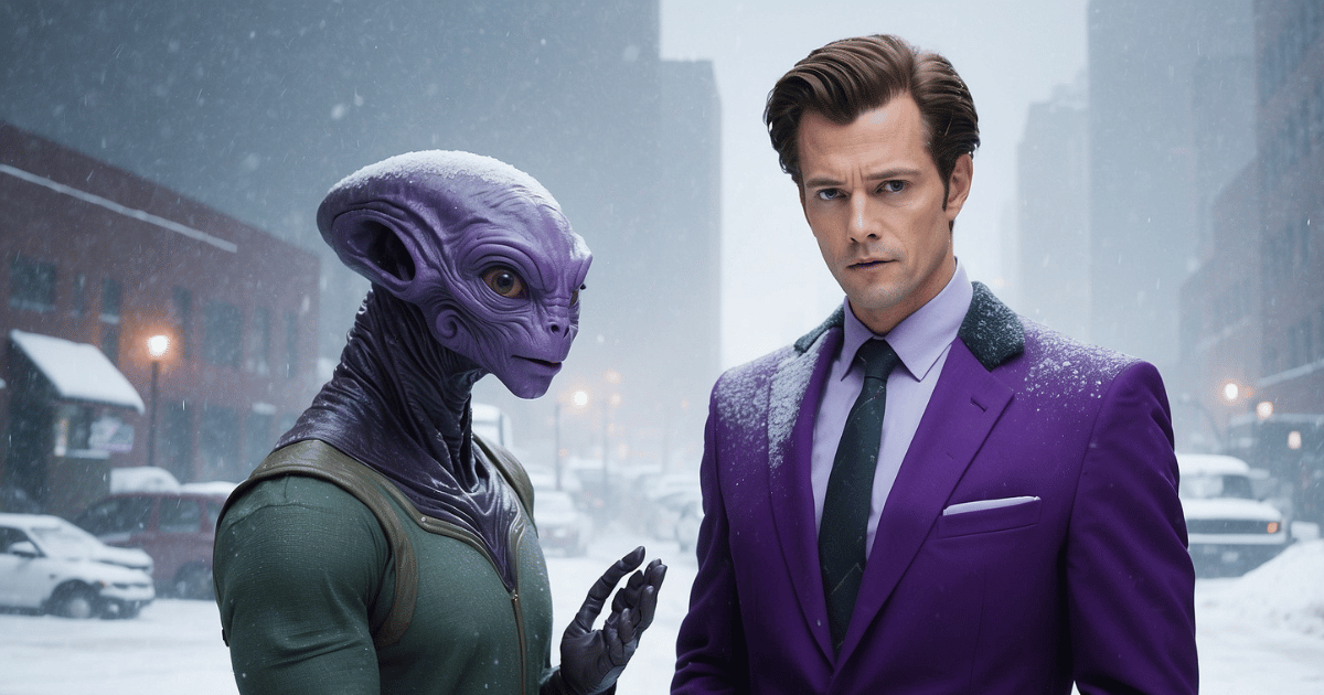 an office worker, meeting an alien during a snowstorm