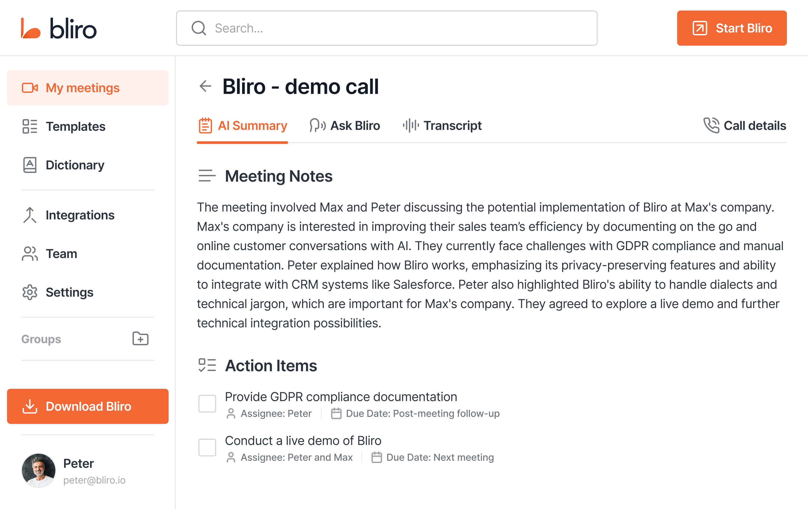 Bliro is an european ai meeting assistant