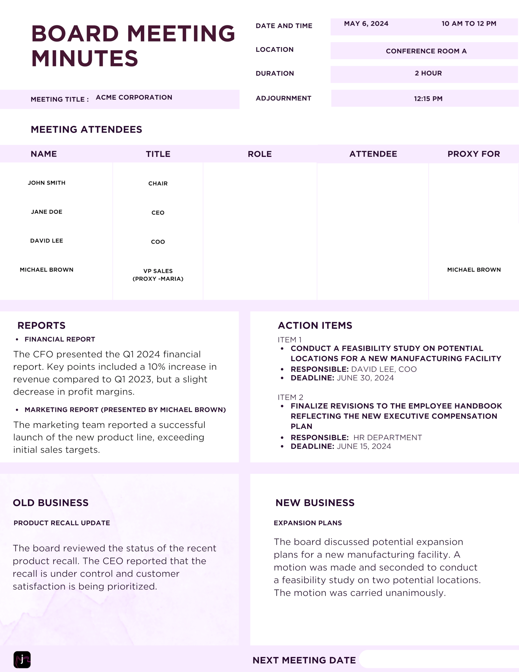 board meeting minutes sample template - board meeting minute free template