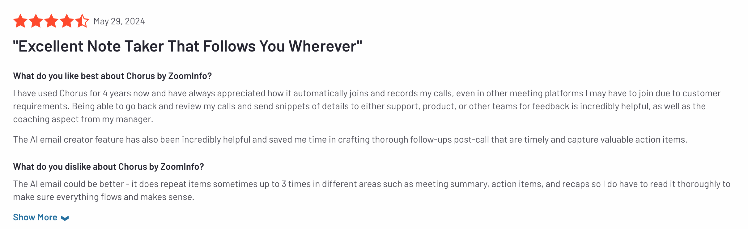 chorus ai user review on g2 of sales coaching software