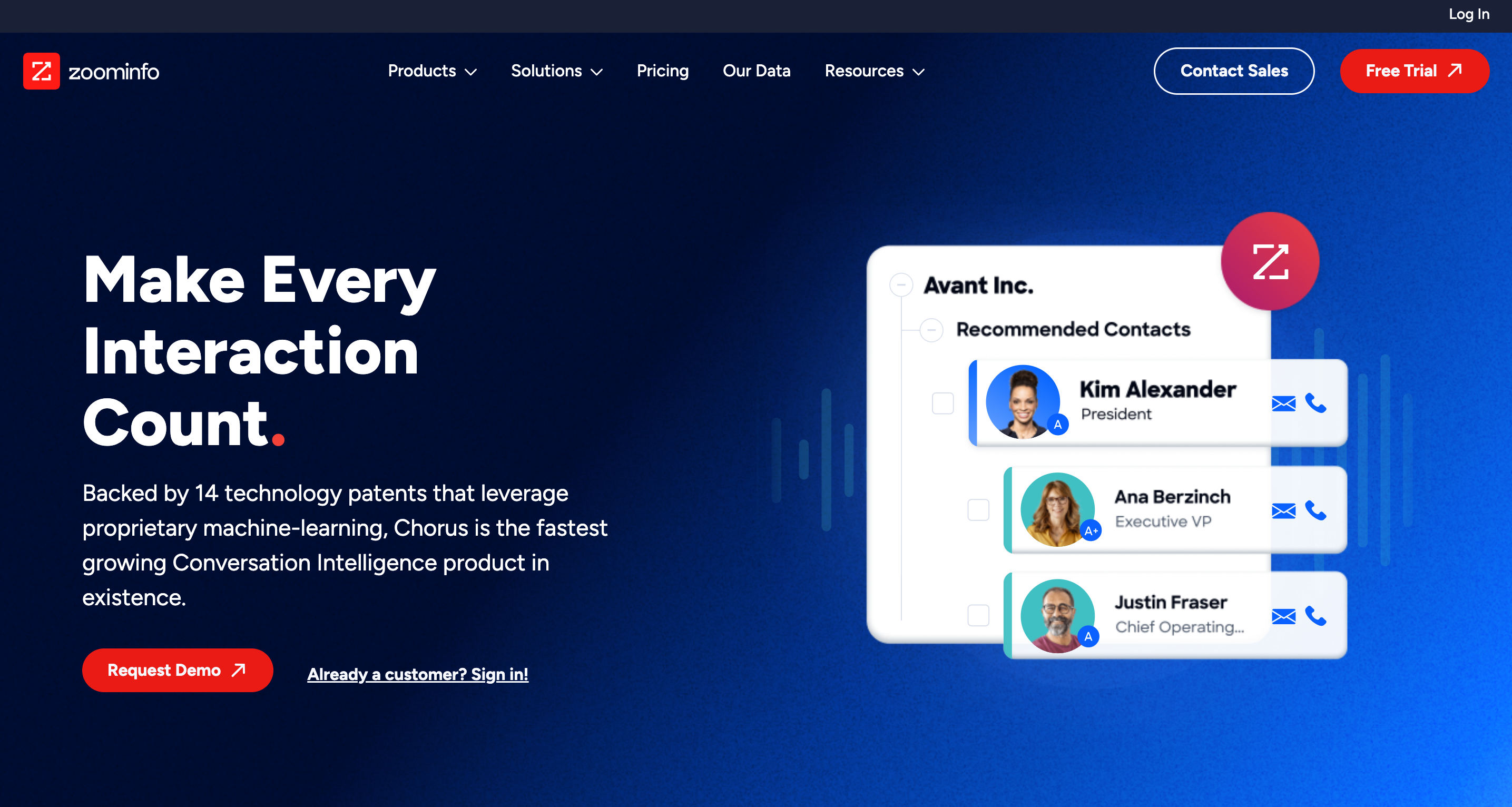 chorus by zoominfo, landing page of one of the sales coaching software