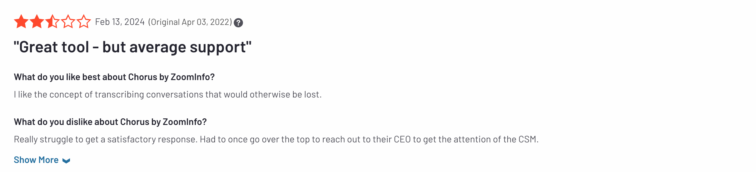 chorus by zoominfo user review on g2 of sales coaching software