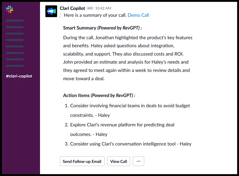 clari copilot, meeting summary