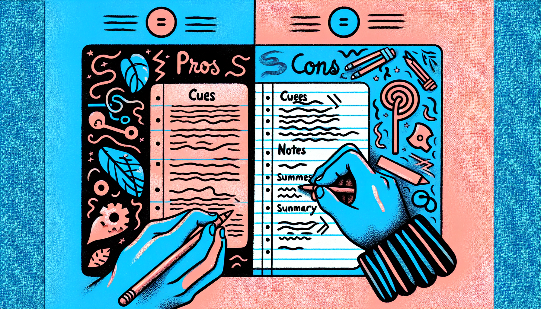 cornell notes. Illustration comparing advantages and disadvantages of note taking methods, including the Cornell Note Taking System.