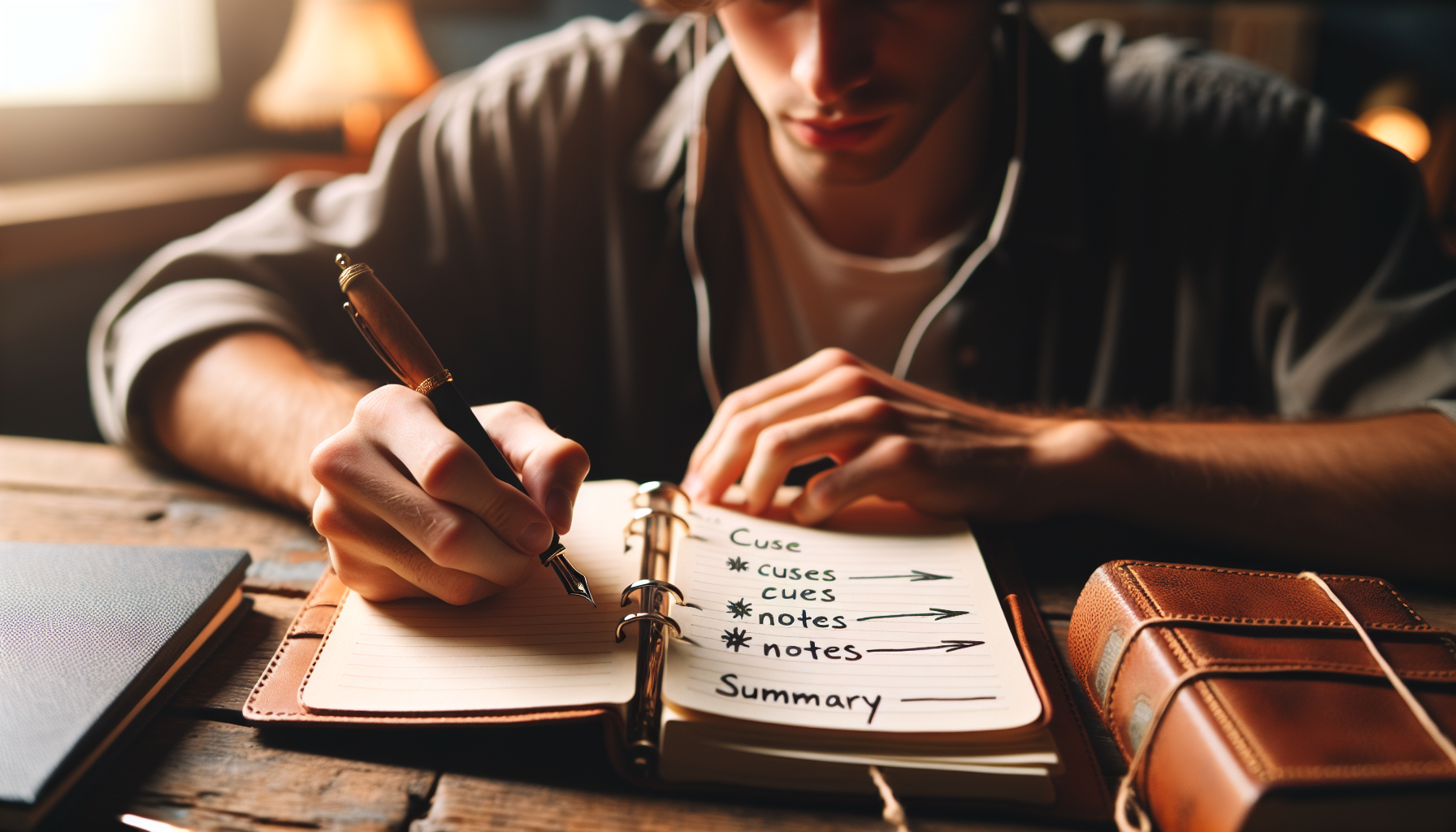 cornell notes. Illustration of a person taking notes using the Cornell Note Taking System.